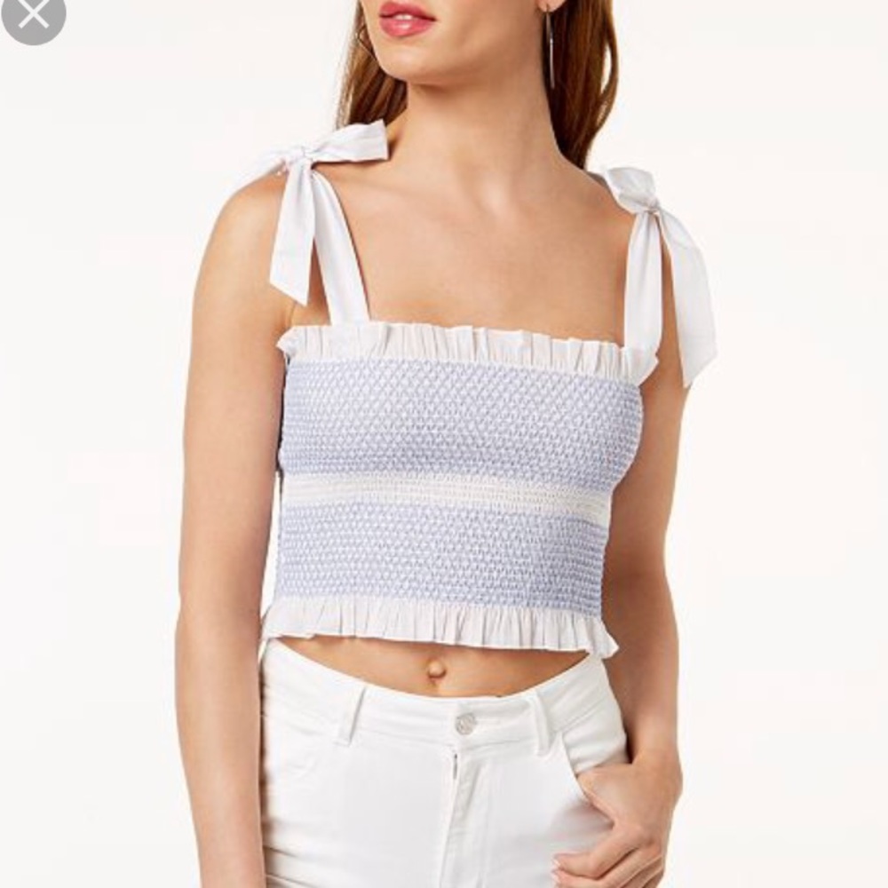 Guess Sicily Tie Strap Smocked Cotton Crop Top